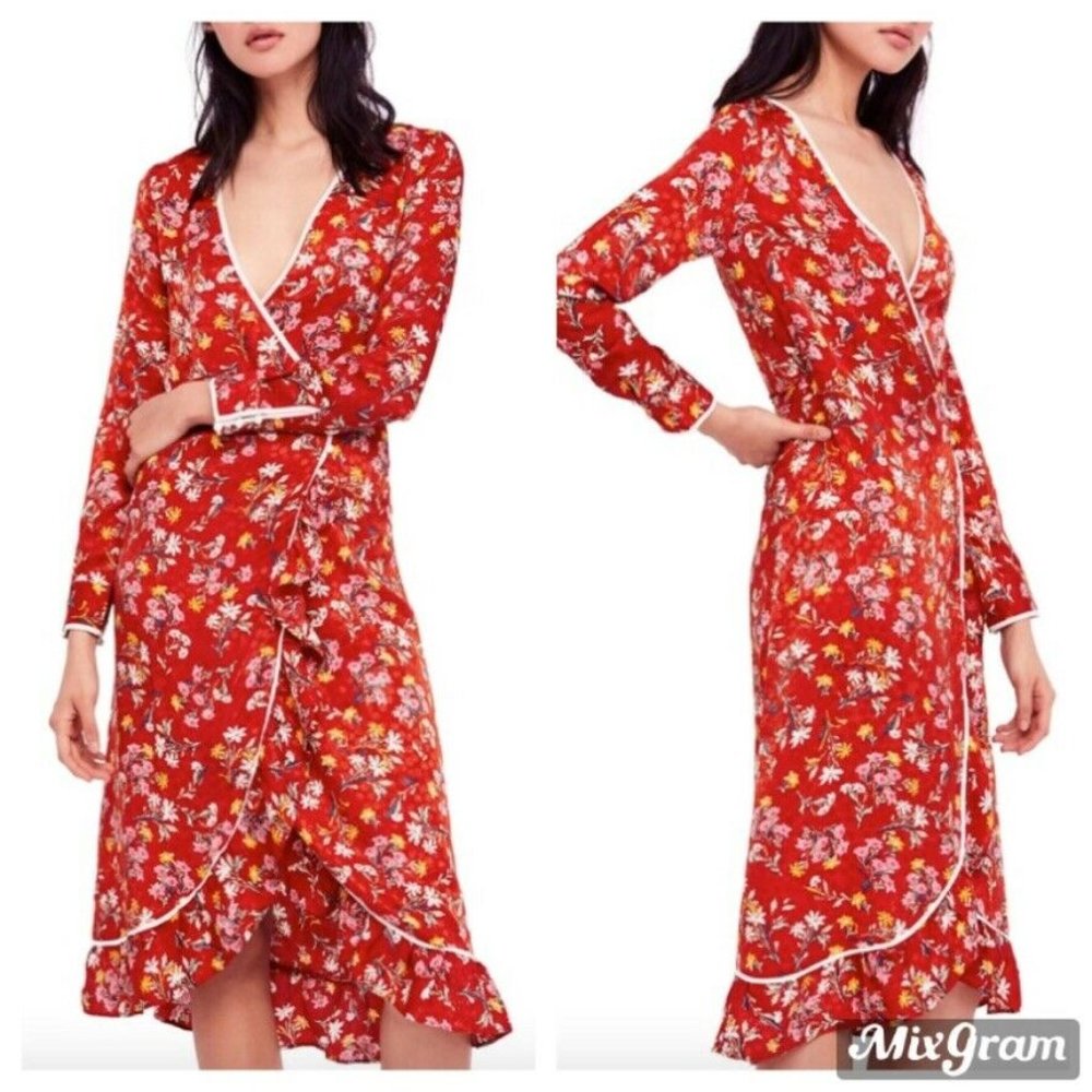 Red Floral Wrap Midi Dress with Ruffle Trim